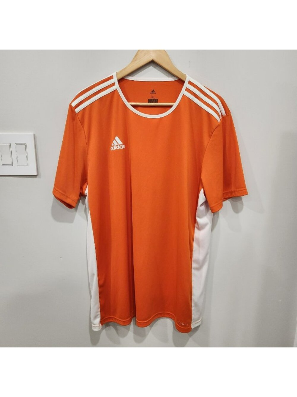Adidas 3 Stripe Climalite Shirt Mens XL Orange Short Sleeve Athletic Performance